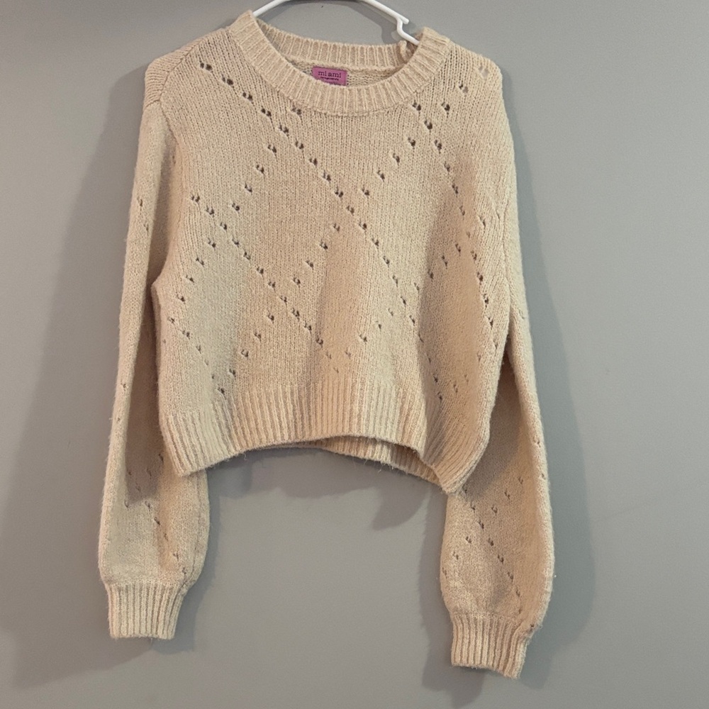 miami Open-Stitch Cropped Crewneck Sweater in Cream